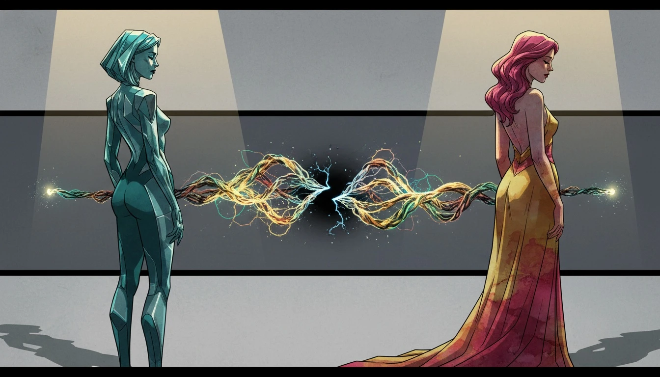 An abstract image illustrating MBTI communication misunderstandings, showing a logical, geometric figure and an emotional, watercolor figure with a broken line of communication between them. Filename: mbti-communication-misunderstandings-bestie-ai.webp