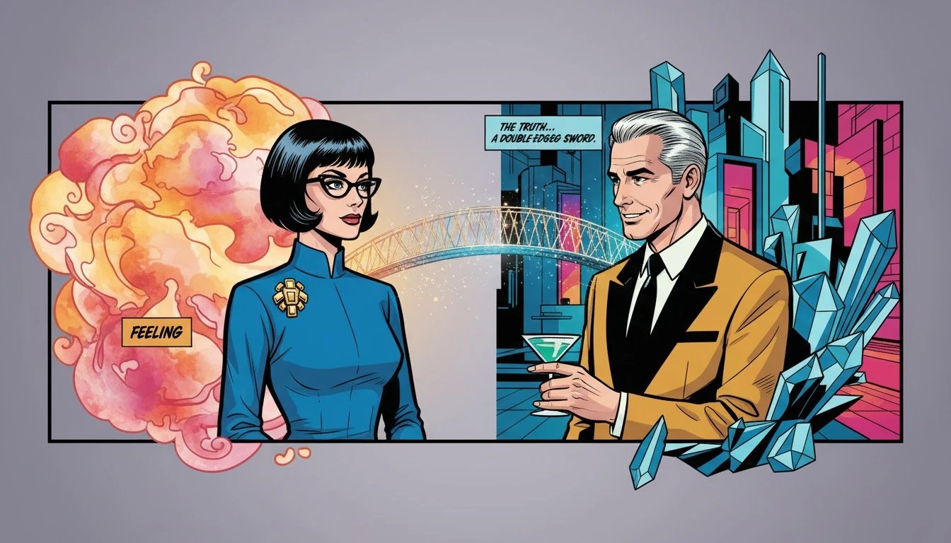 An illustration showing how to solve MBTI communication problems in friendships by building a bridge between a world of feelings and a world of logic. Filename: mbti-communication-problems-in-friendships-bestie-ai.webp