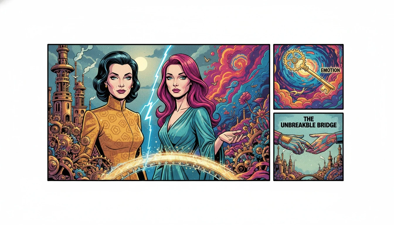 A symbolic image representing an mbti communication styles guide, with a bridge of light connecting a logical, gear-filled world to an emotional, colorful world, illustrating how different personality types can find understanding. filename: mbti-communication-styles-guide-bestie-ai.webp