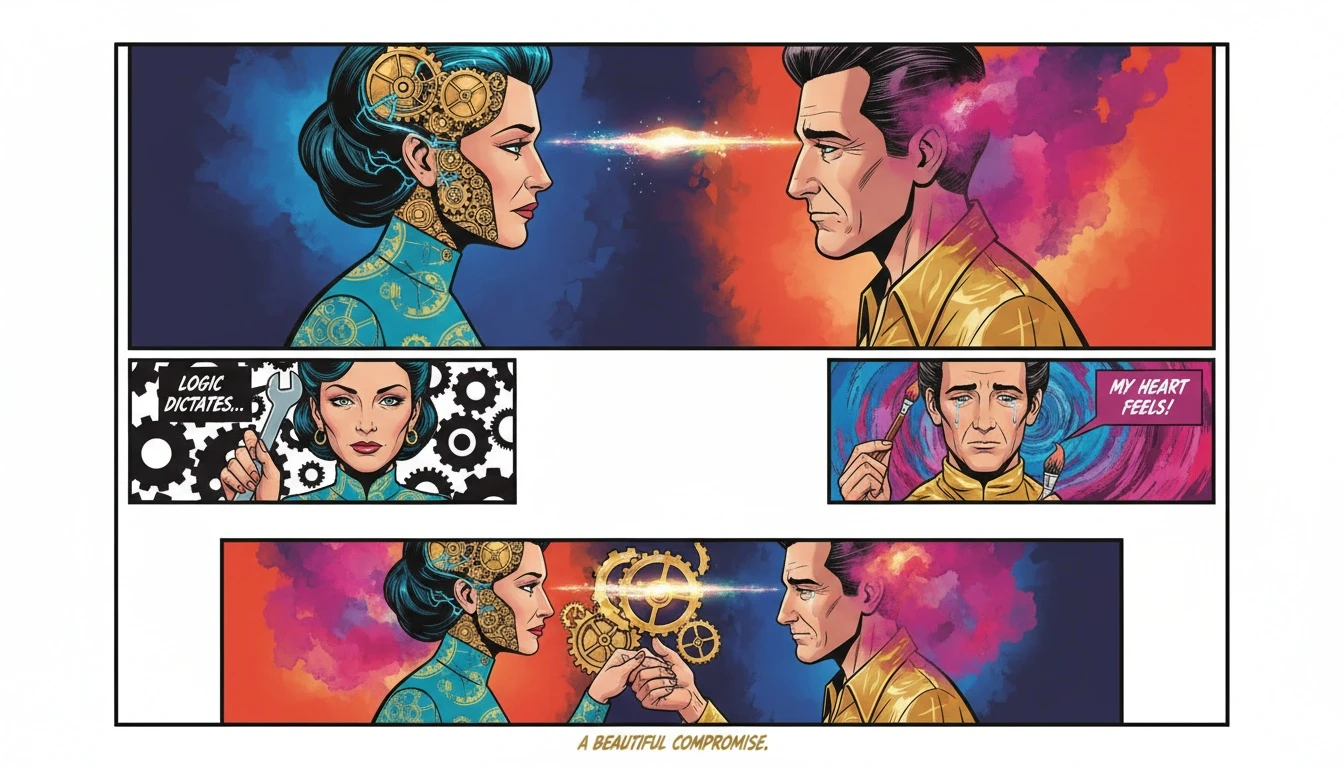 An artistic depiction of two minds bridging their differences, showing the challenge and success of different mbti communication styles in relationships. Filename: mbti-communication-styles-in-relationships-bestie-ai.webp