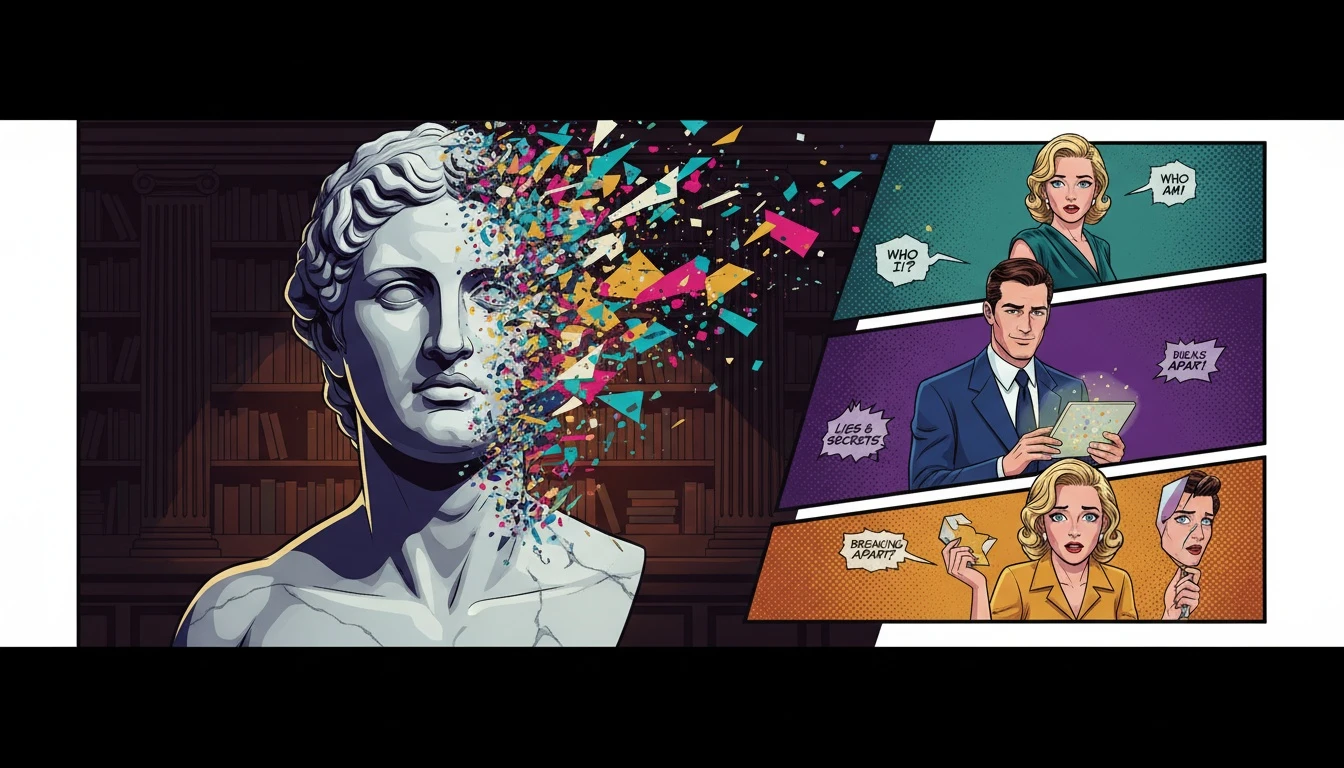 A marble statue shattering represents the core of MBTI criticism, deconstructing the idea of fixed personality types for a more fluid understanding. filename: mbti-criticism-bestie-ai.webp