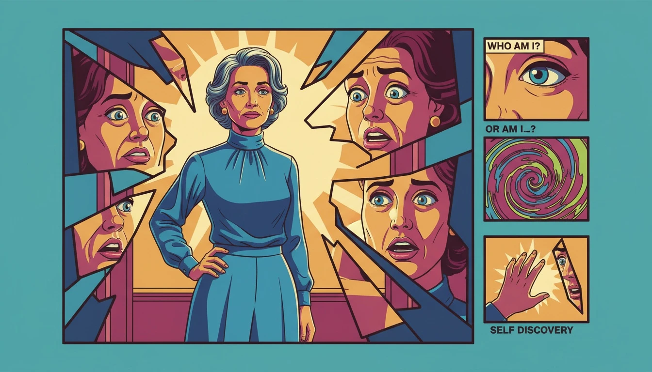 A person seeing their fractured reflection in a mirror, representing the search for self-knowledge as the first step in an effective MBTI dating guide. Filename: mbti-dating-guide-bestie-ai.webp