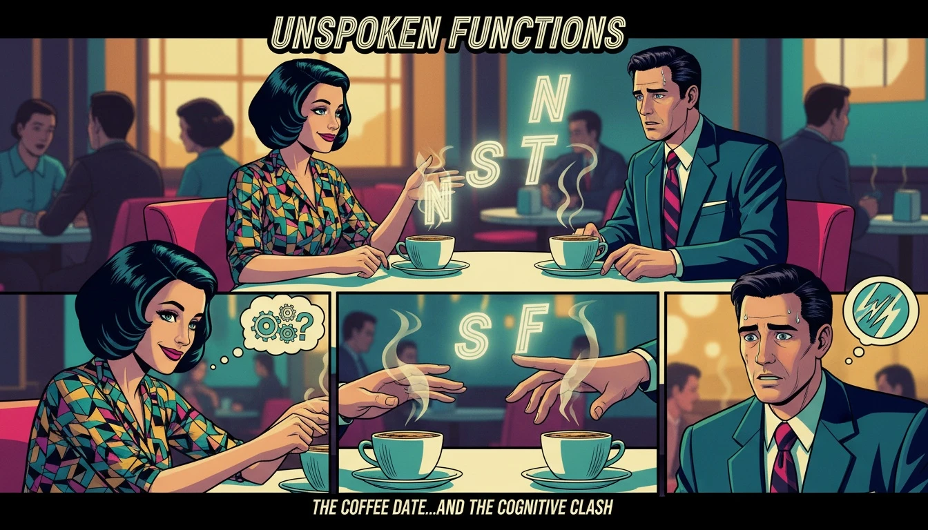 An intimate cafe scene illustrating an MBTI dating guide, with two people on a date and symbolic letters for cognitive functions floating between them. Filename: mbti-dating-guide-first-date-bestie-ai.webp