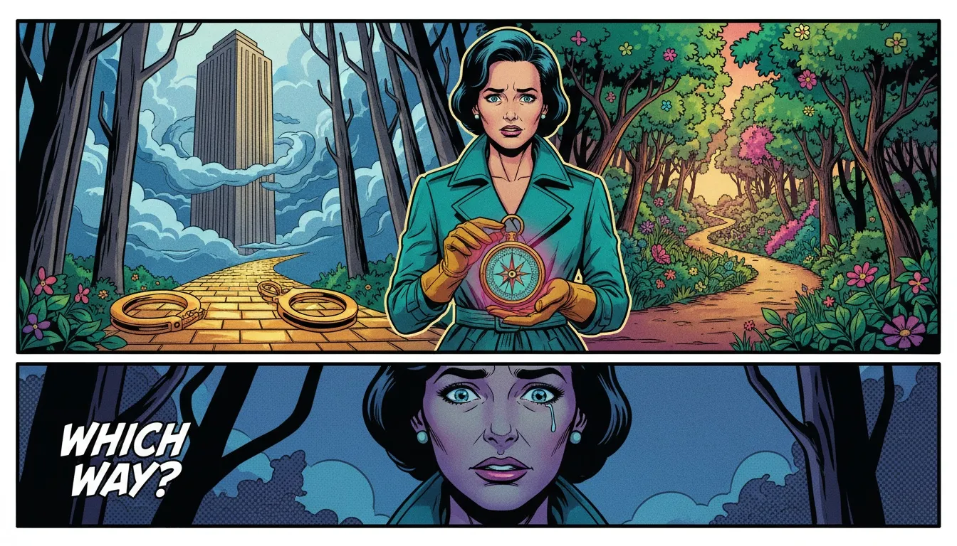 A person holding a compass, illustrating the use of MBTI for career change, choosing between a safe but unfulfilling path and a more authentic, vibrant one. Filename: mbti-for-career-change-bestie-ai.webp