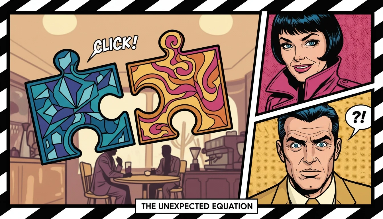 An illustration for an mbti friendship compatibility guide showing two different puzzle pieces, one crystalline and one organic, connecting in a warm setting, symbolizing understanding between distinct personalities. Filename: mbti-friendship-compatibility-guide-bestie-ai.webp