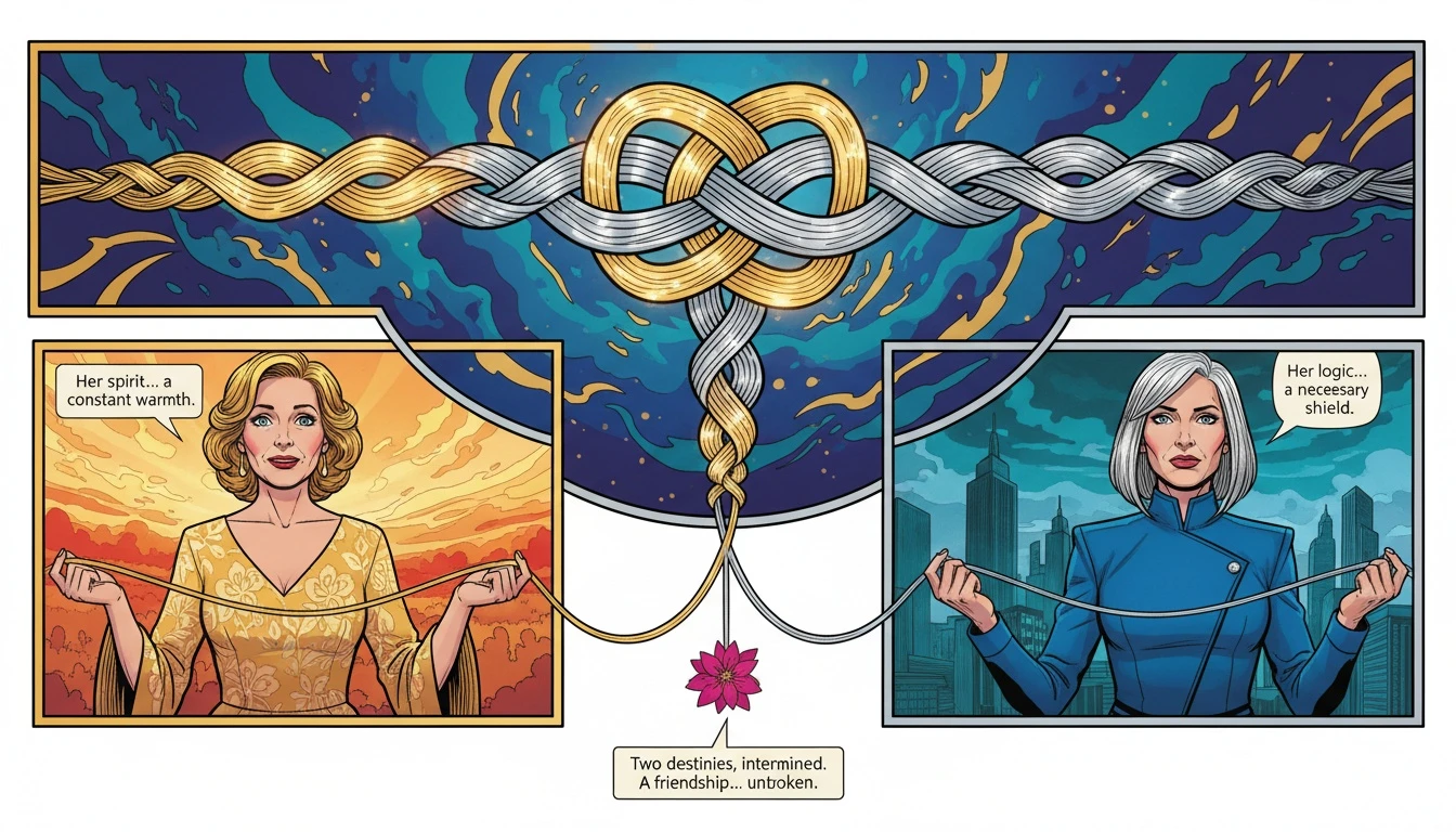 Two contrasting threads weaving together, representing the complex beauty of MBTI friendships and personality compatibility. mbti-friendships-bestie-ai.webp