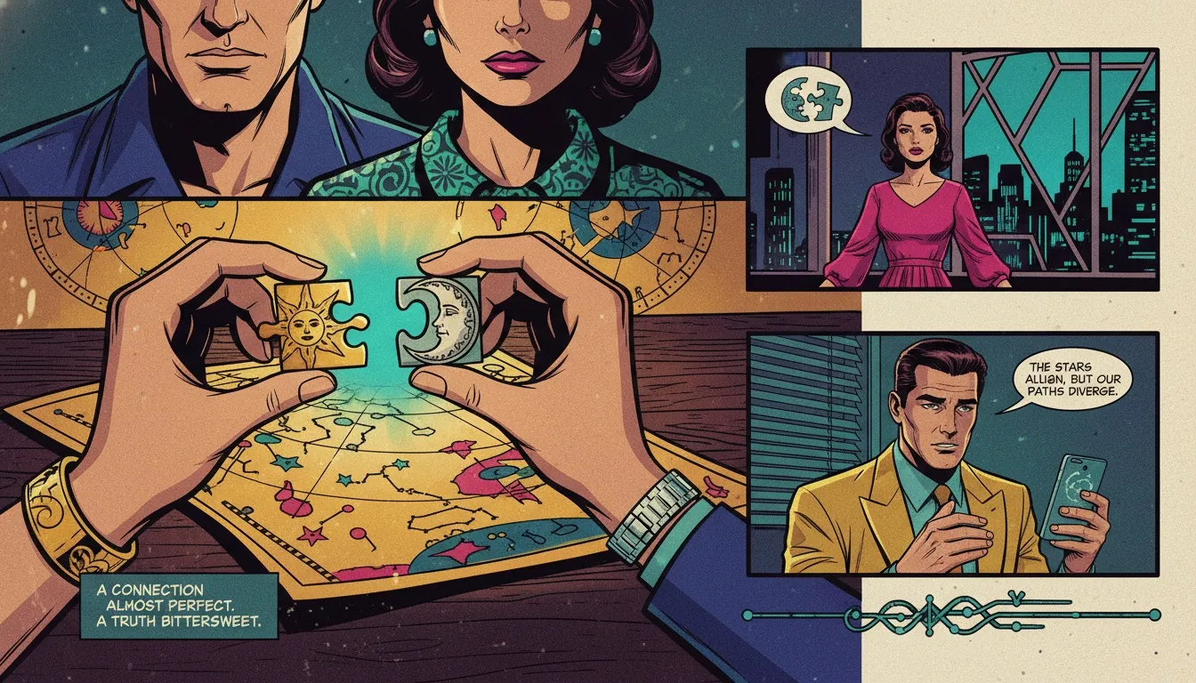 A symbolic image representing the MBTI golden pair theory debunked, with two glowing puzzle pieces that don't quite fit, illustrating that a perfect match requires more than just personality type. Filename: mbti-golden-pair-theory-debunked-bestie-ai.webp