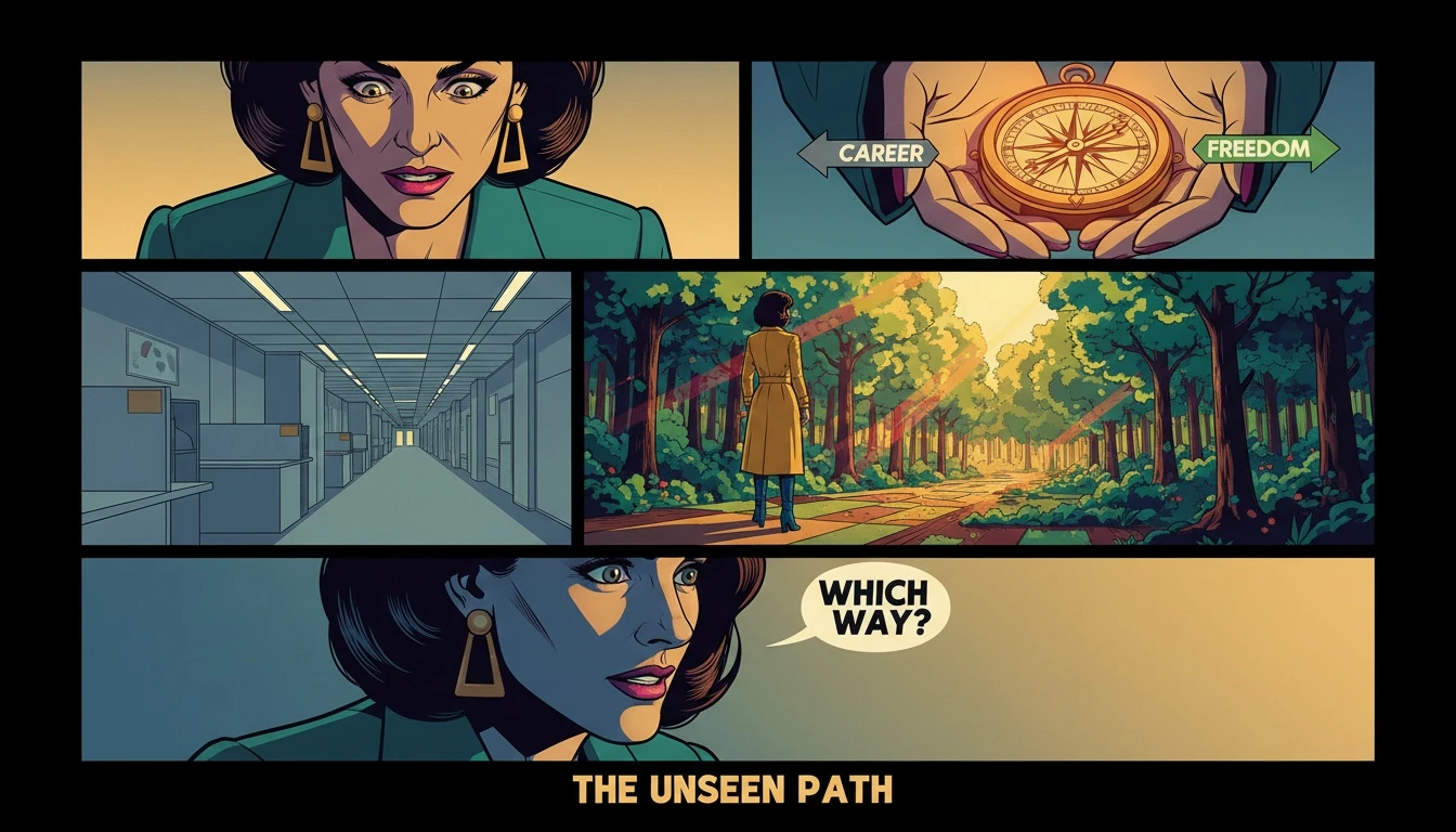 A person holding a compass, using an MBTI guide for career change to choose between a dull office job and a vibrant, fulfilling new path. filename: mbti-guide-for-career-change-bestie-ai.webp