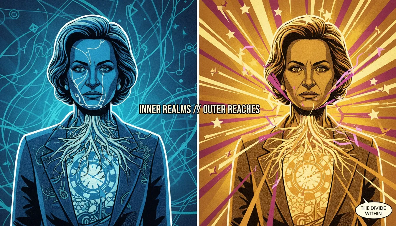 An artistic illustration of mbti introversion vs extraversion explained, showing one human silhouette with energy flowing inward to a complex internal world, and another with energy flowing outward to connect with the external environment. Filename: mbti-introversion-vs-extraversion-explained-bestie-ai.webp