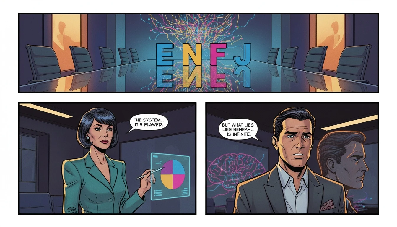 A symbolic image for an article on MBTI and leadership, showing simple, glowing MBTI letter blocks on a corporate table, with the complex, intricate reality of a human brain reflected below.