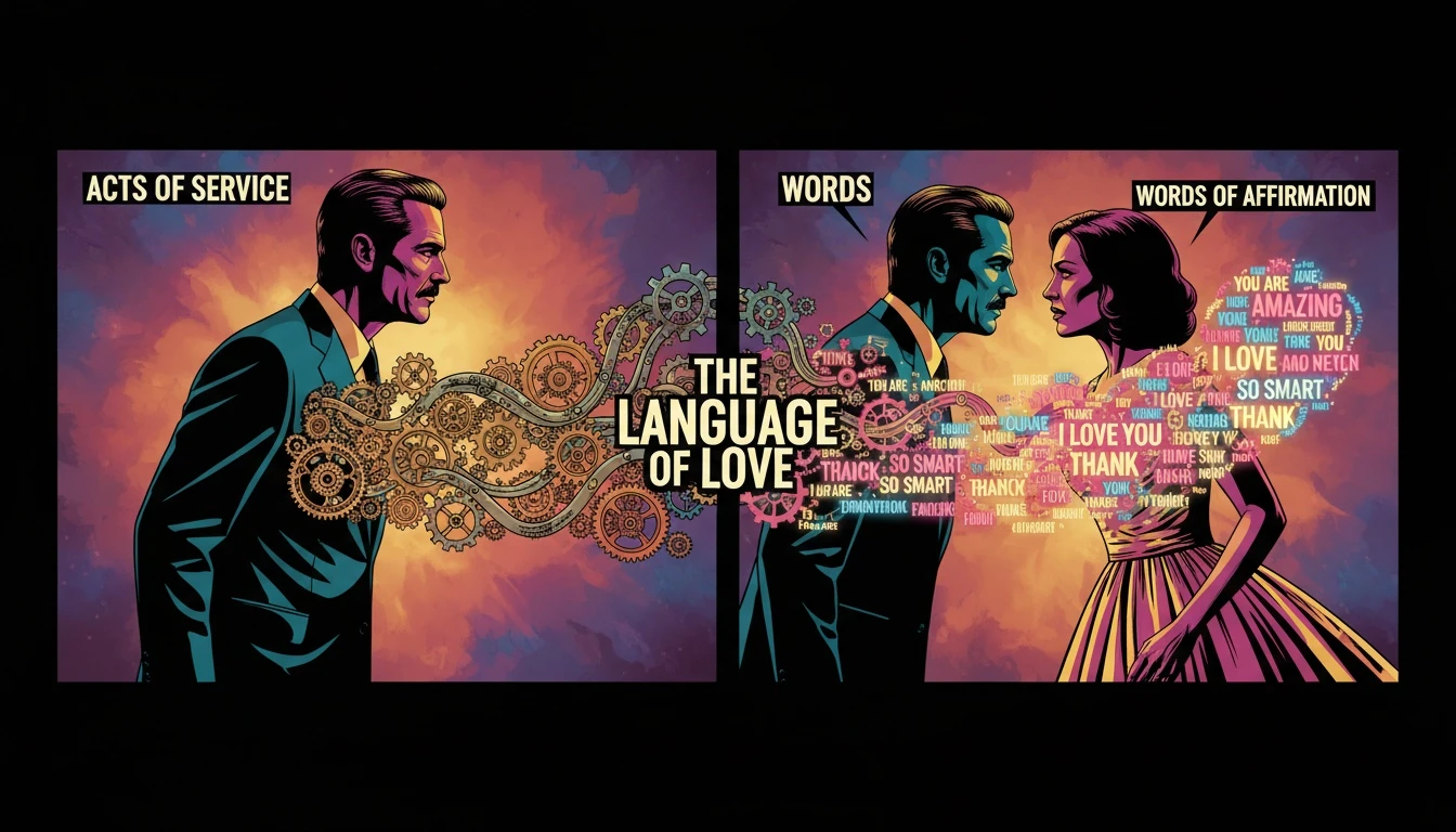 An abstract image illustrating different love languages, inspired by MBTI love quotes for relationships, showing one person offering gears and another offering words. Filename: mbti-love-quotes-for-relationships-bestie-ai.webp