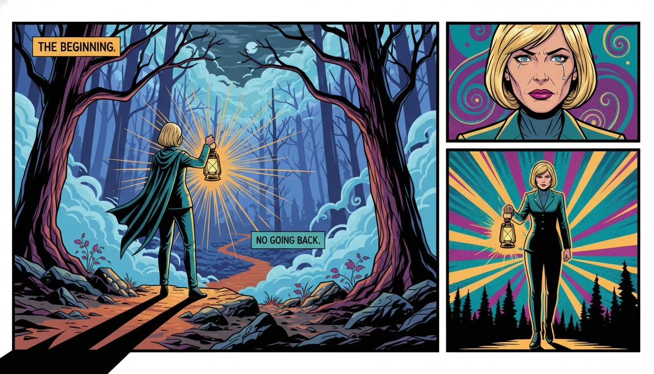 A person holding a lantern at the edge of a forest, symbolizing the start of their MBTI personal growth journey by exploring their shadow self. Filename: mbti-personal-growth-bestie-ai.webp