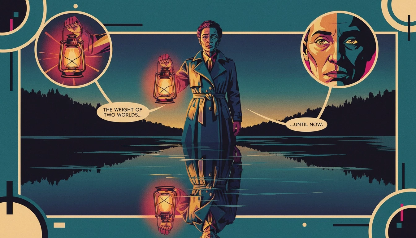 A symbolic image for an MBTI personal growth guide showing a person integrating their light and shadow selves by a reflective lake. Filename: mbti-personal-growth-guide-bestie-ai.webp