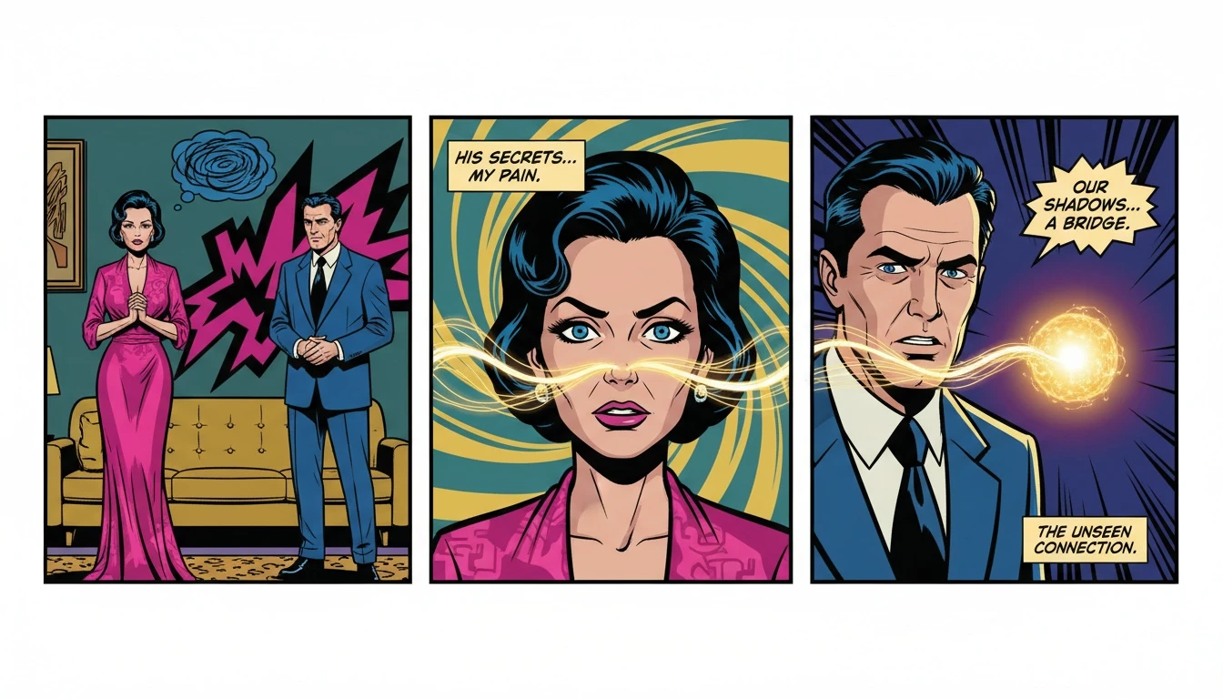 A symbolic image illustrating mbti personal growth in relationships, where the shadows of a couple intertwine and glow, representing the integration of their unconscious selves. Filename: mbti-personal-growth-in-relationships-bestie-ai.webp