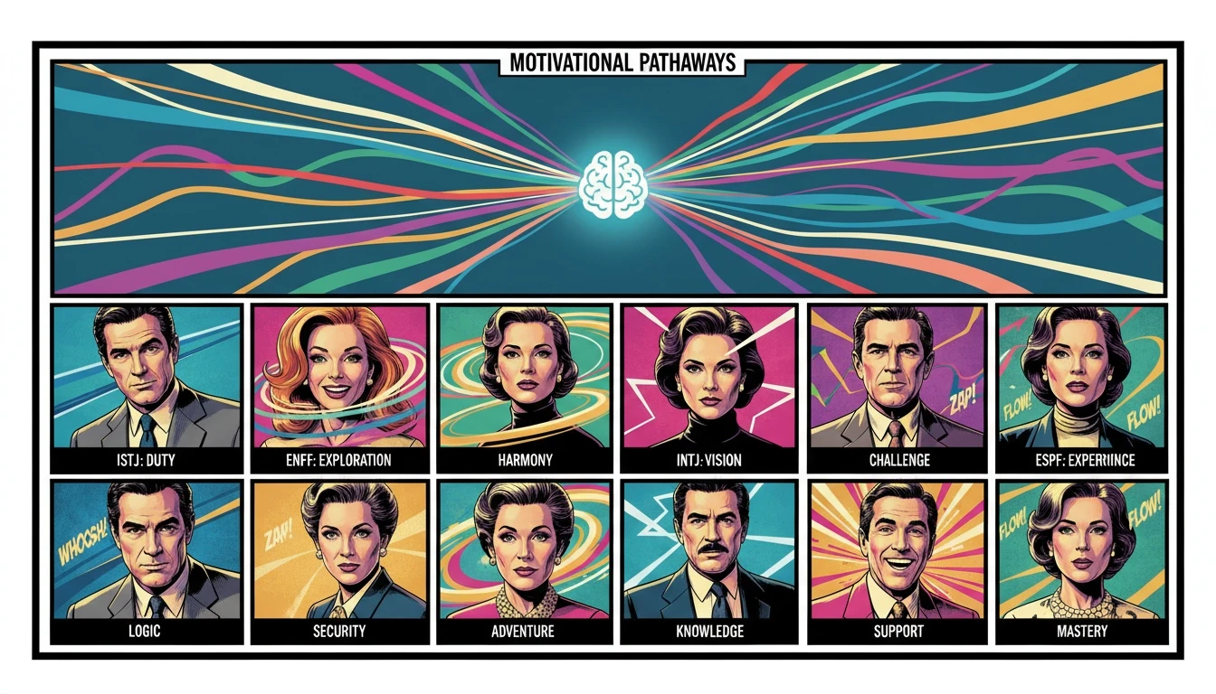 An abstract representation of the 16 personality types showing how different MBTI quotes can unlock unique motivational pathways for personal growth. Filename: mbti-quotes-for-motivation-bestie-ai.webp