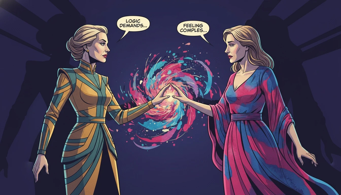 A symbolic image representing mbti relationship compatibility, where two figures made of logic (lines) and emotion (colors) connect to form a new pattern. Filename: mbti-relationship-compatibility-bestie-ai.webp