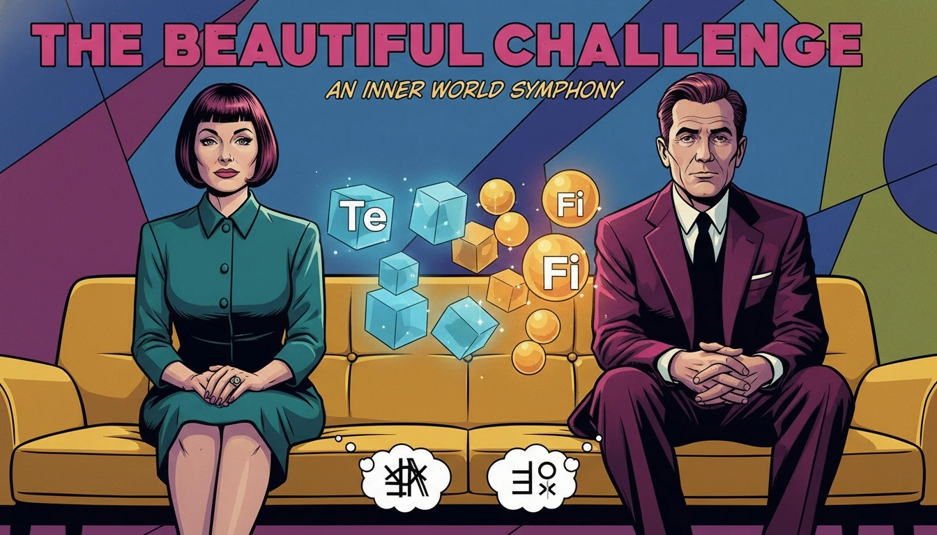 A symbolic image representing mbti relationship compatibility, where two people connect by understanding each other's different cognitive functions, shown as floating shapes. Filename: mbti-relationship-compatibility-bestie-ai.webp