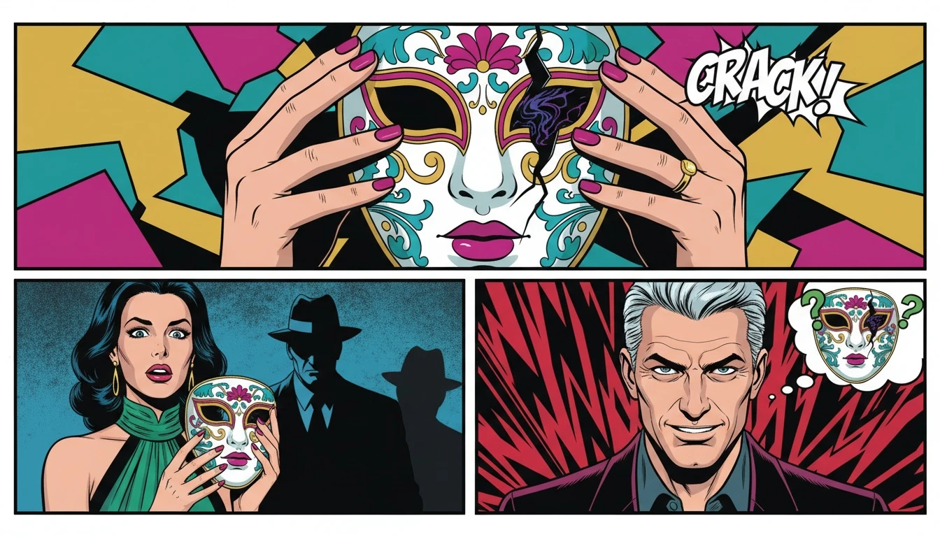 A cracked porcelain mask held up, symbolizing how mbti relationship red flags can be hidden beneath a charming personality facade. filename: mbti-relationship-red-flags-bestie-ai.webp