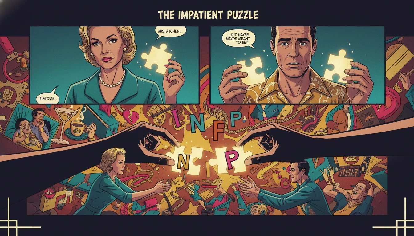A symbolic image exploring the MBTI role in relationships, where glowing puzzle pieces of personality types fail to capture the complex, woven tapestry of a real connection. Filename: mbti-role-in-relationships-bestie-ai.webp