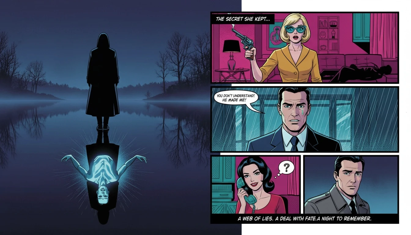 A person confronts their glowing reflection in a dark lake, a visual metaphor for the mbti shadow function interpretation process of meeting one's unconscious self. Filename: mbti-shadow-function-interpretation-bestie-ai.webp