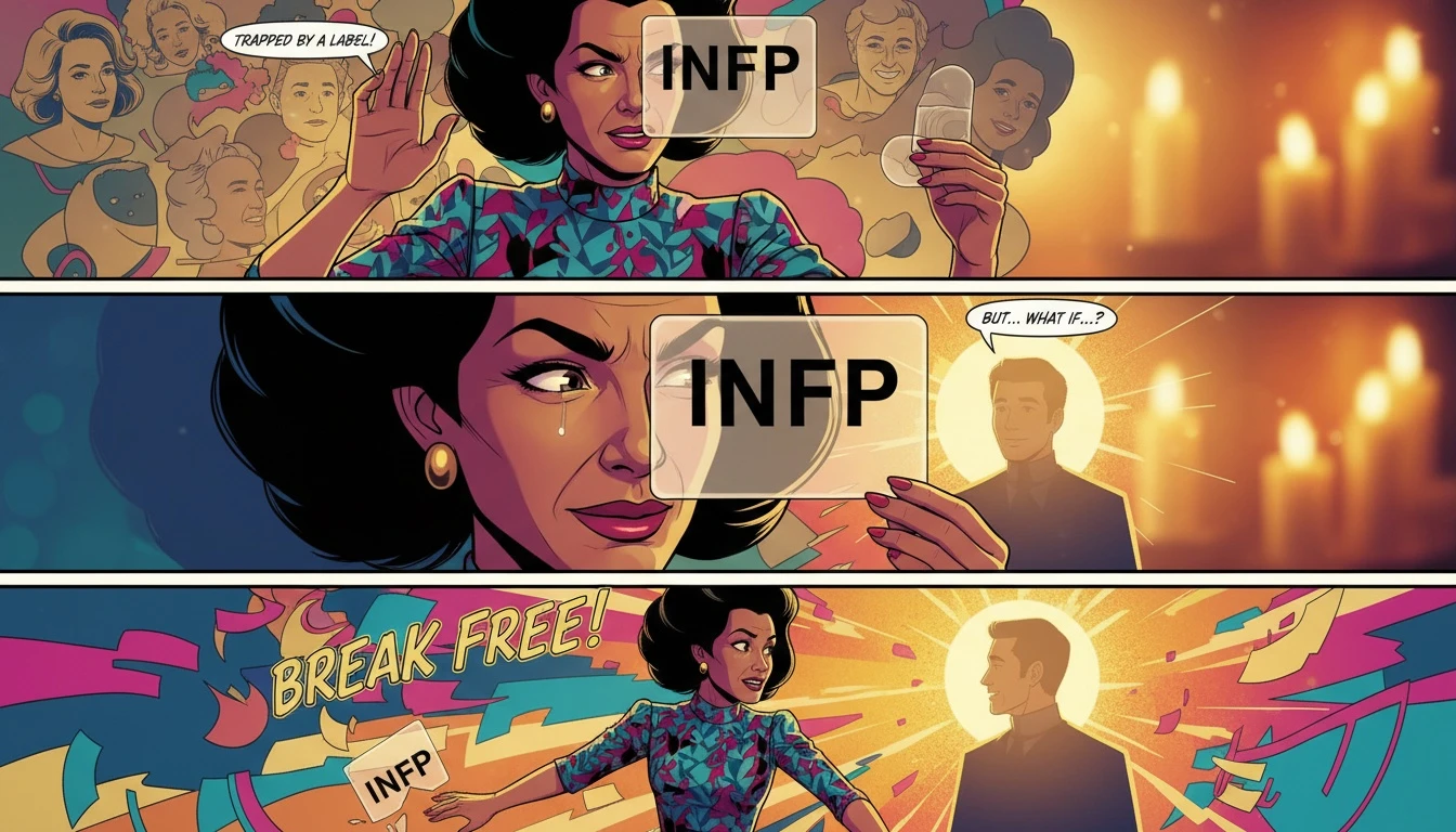 A person looking past a card with a personality type, illustrating the challenge of overcoming mbti stereotypes in relationships to find authentic connection. Filename: mbti-stereotypes-in-relationships-bestie-ai.webp