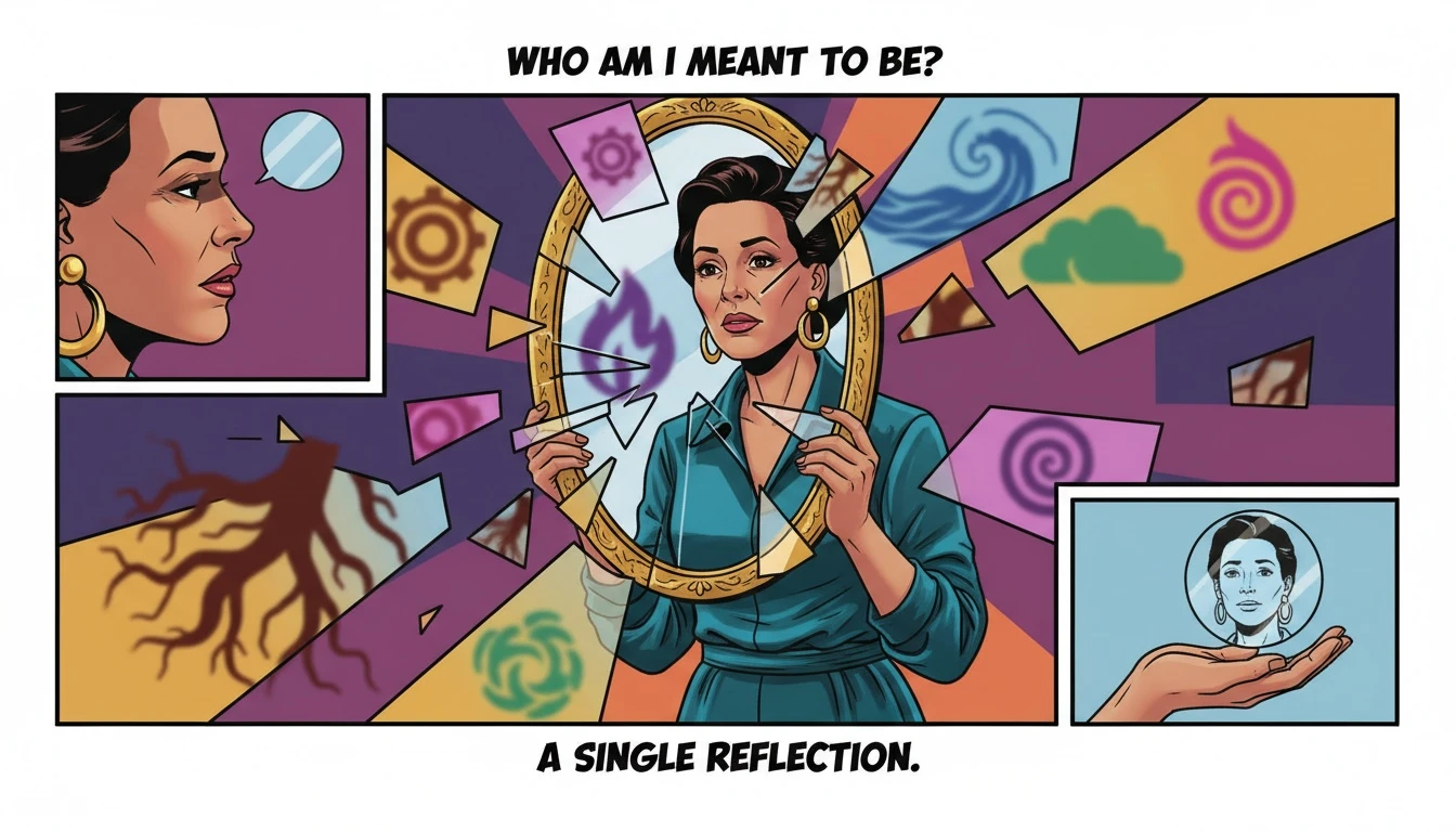 A person contemplating their reflection in a fractured mirror, questioning their MBTI test accuracy as different symbols appear in each shard, representing the search for a true self. Filename: mbti-test-accuracy-bestie-ai.webp