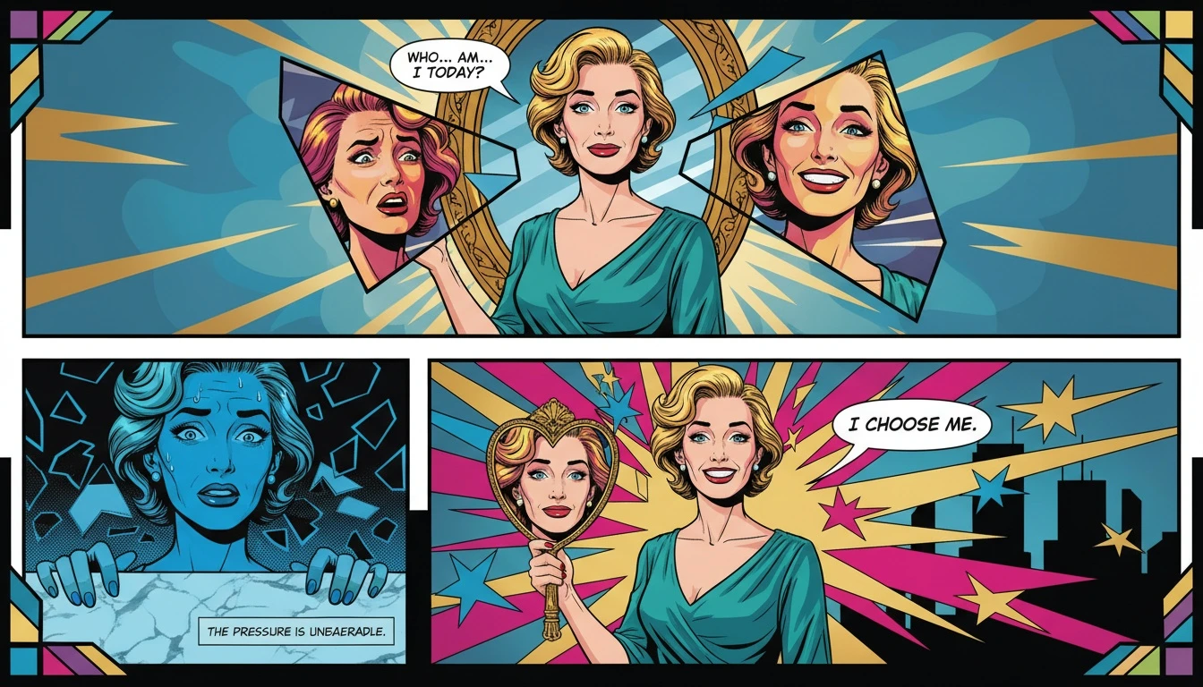 An artistic depiction of why mbti test results change over time, showing a person's face fractured into multiple reflections in a broken mirror, symbolizing different personality states. Filename: mbti-test-results-change-over-time-bestie-ai.webp