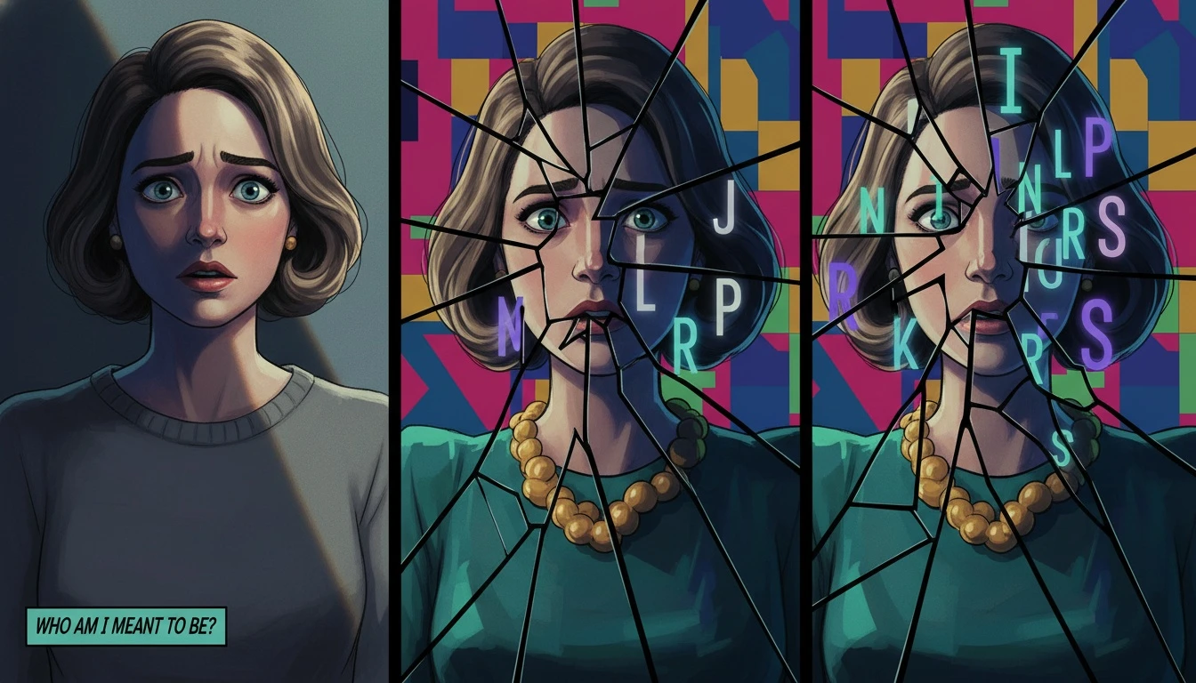 A person experiencing identity dissonance, showing why their mbti test results don't match me in a fractured mirror reflection. filename: mbti-test-results-dont-match-me-bestie-ai.webp