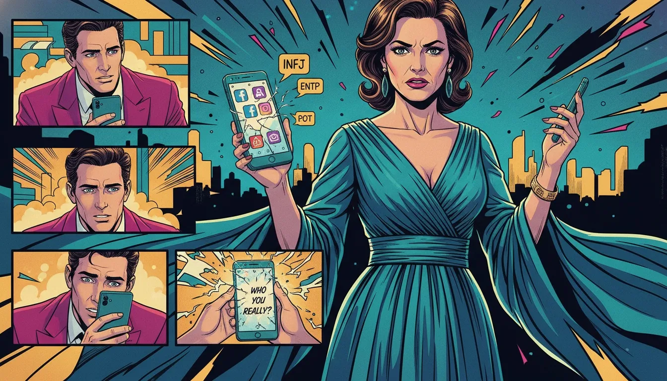 A person questions their identity while looking at fragmented MBTI TikTok stereotypes on a cracked phone, illustrating the search for personality accuracy. mbti-tiktok-accuracy-stereotypes-bestie-ai.webp