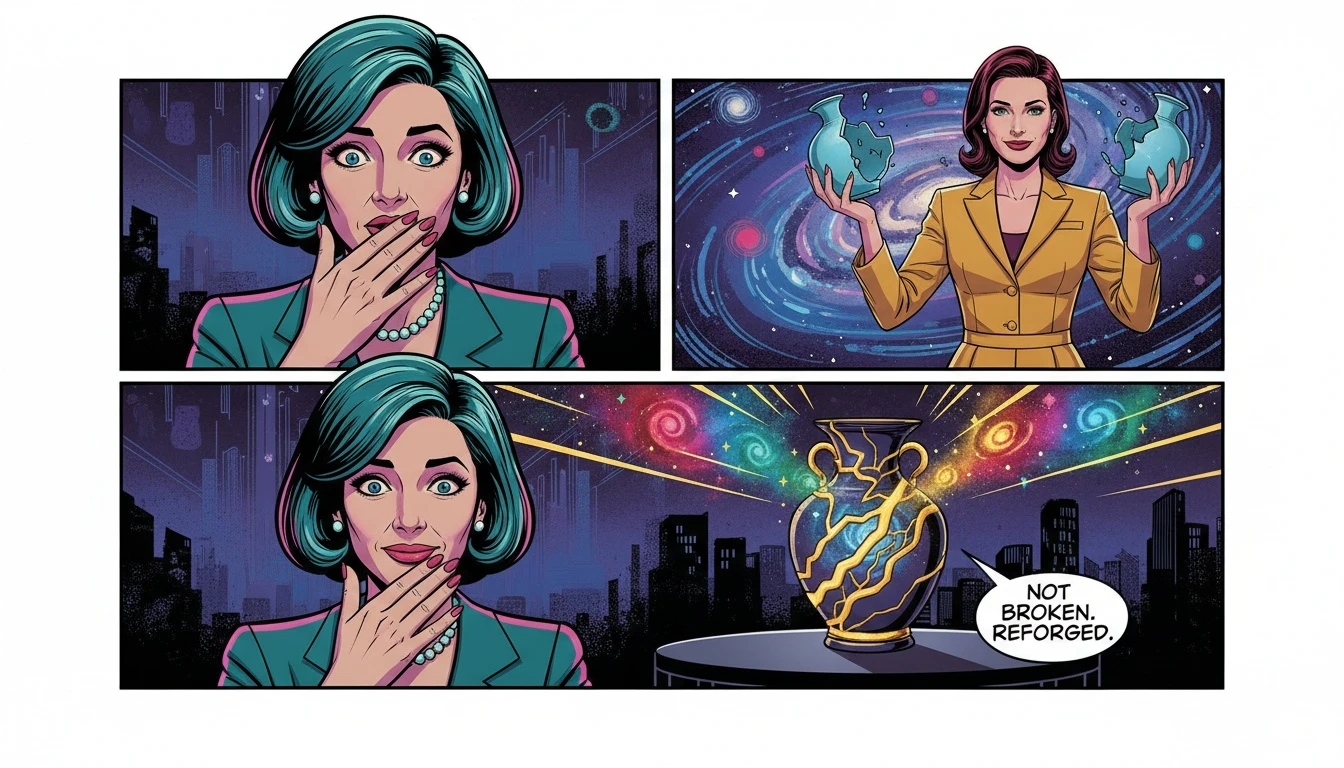 A kintsugi vase with gold repairs showing a galaxy within, illustrating the beautiful concept of an mbti type changing over time through personal growth and healing. The file is mbti-type-changing-over-time-bestie-ai.webp.