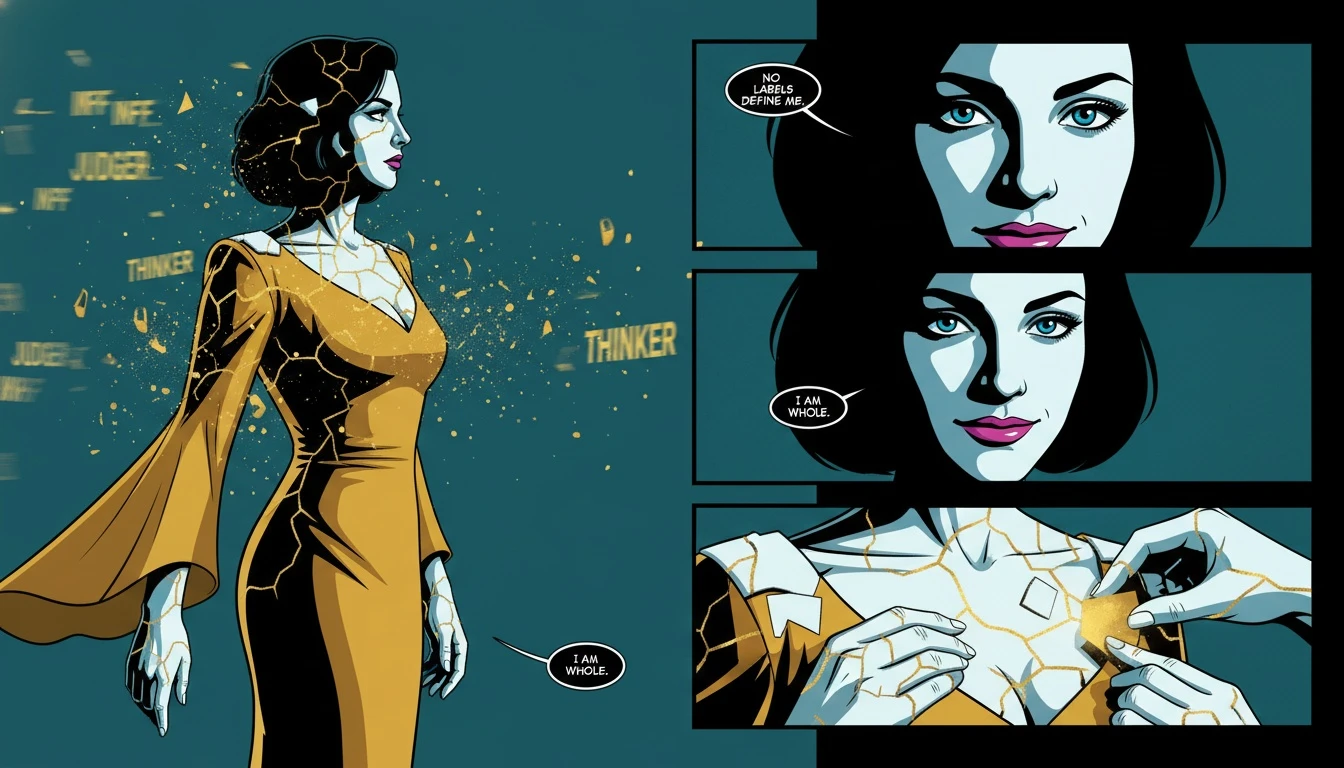 A visual representation of breaking free from mbti type stereotypes, showing a figure healing and becoming whole beyond limiting labels. Filename: mbti-type-stereotypes-bestie-ai.webp