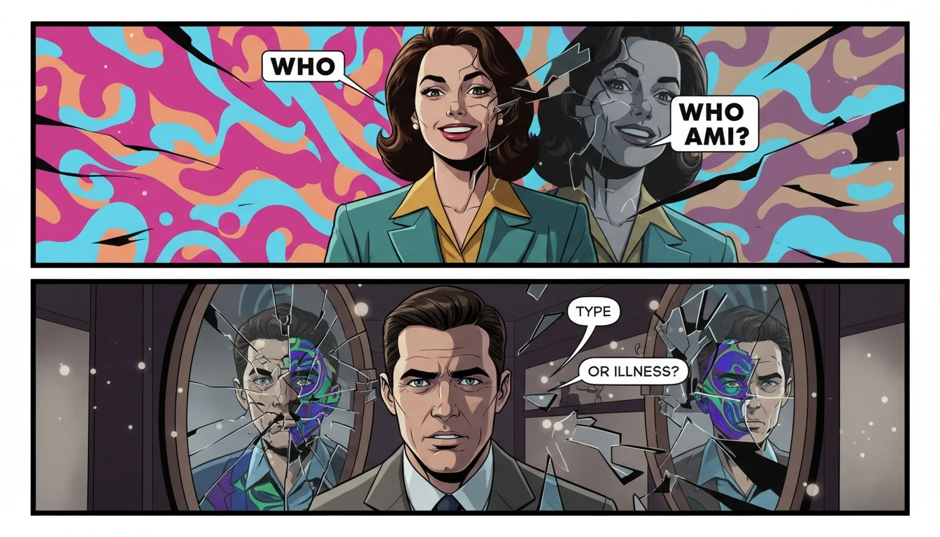 A person's reflection in a shattered mirror, symbolizing the internal conflict of differentiating an MBTI type vs mental illness and the journey to self-understanding. Filename: mbti-type-vs-mental-illness-bestie-ai.webp