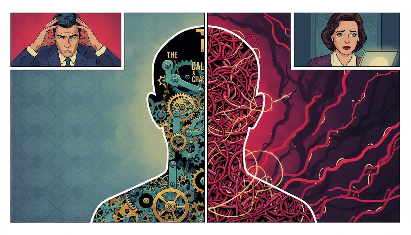 A symbolic image representing MBTI types and anxiety, showing a person's mind as both an orderly clockwork and a chaotic tangle of wires, illustrating the concept of an inferior function grip. filename: mbti-types-and-anxiety-bestie-ai.webp