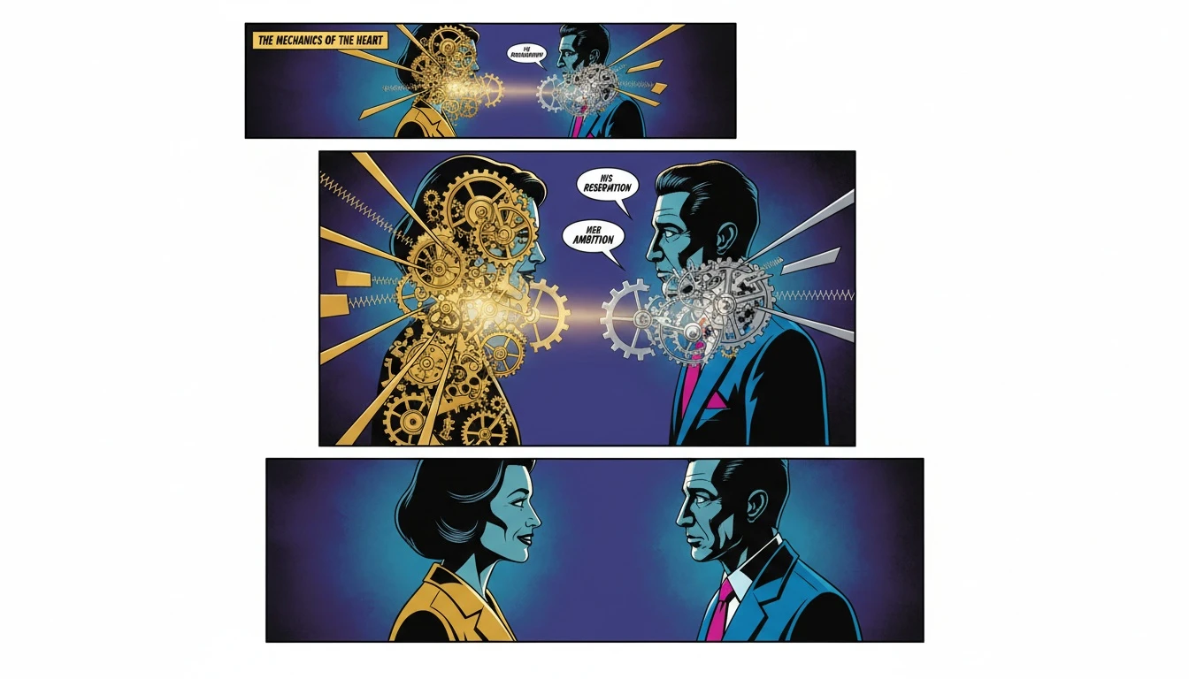 An illustration symbolizing the interaction of mbti types and attachment styles, with two figures containing intricate clockwork gears that are either reaching out or pulling in. mbti-types-and-attachment-styles-bestie-ai.webp