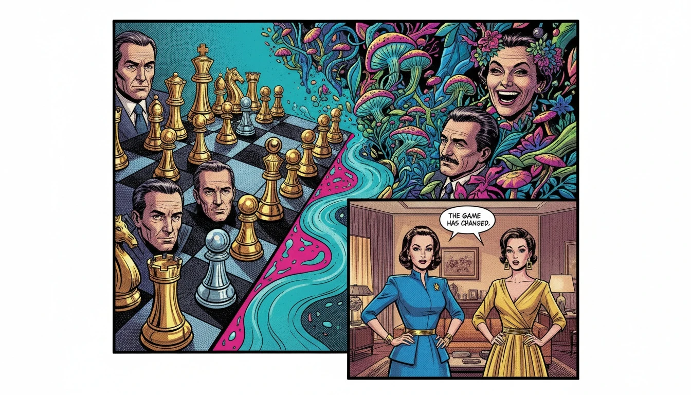 A symbolic image exploring the link between MBTI types and average income, showing a rigid chessboard versus a thriving ecosystem to represent different paths to financial success. filename: mbti-types-and-average-income-bestie-ai.webp