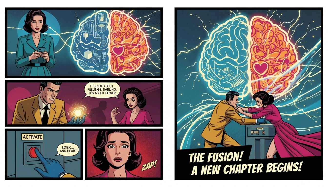 A conceptual illustration showing the connection between MBTI types and emotional intelligence, where a logical brain half meets an emotional one. Filename: mbti-types-and-emotional-intelligence-bestie-ai.webp