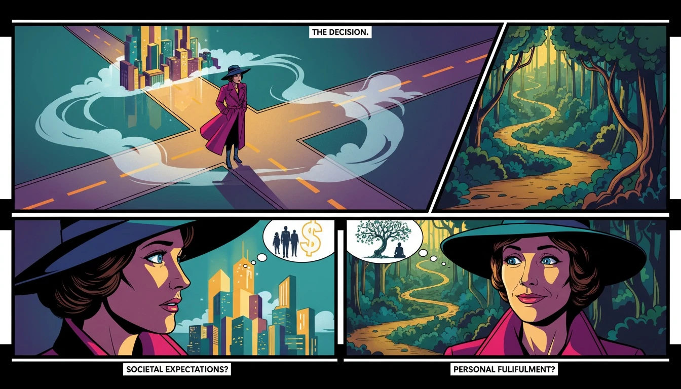 A person at a crossroads choosing their path, illustrating the concept of using MBTI types and success quotes to define personal fulfillment over societal pressure. Filename: mbti-types-and-success-quotes-bestie-ai.webp