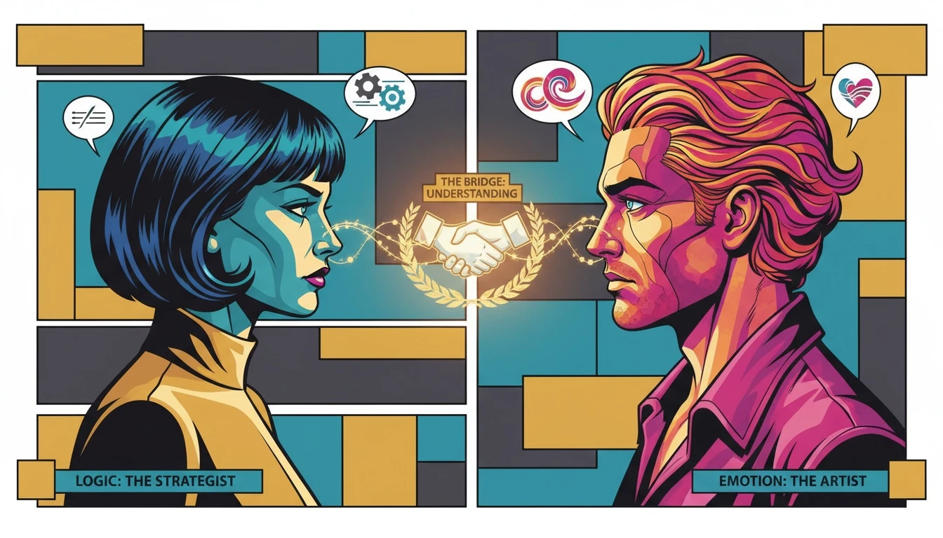 An illustration showing how different mbti types in conflict can find resolution, with a logical, crystalline head and an emotional, fluid head connected by a golden thread. Filename: mbti-types-in-conflict-communication-guide.webp