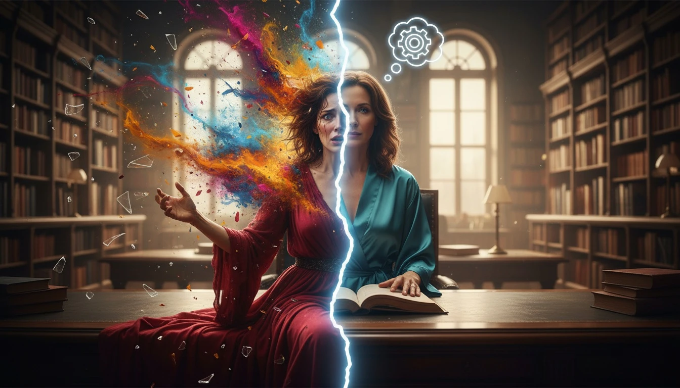 A symbolic image representing the internal conflict of different mbti types under stress, showing a person split between a calm, orderly self and a chaotic, emotional self. Filename: mbti-types-under-stress-bestie-ai.webp