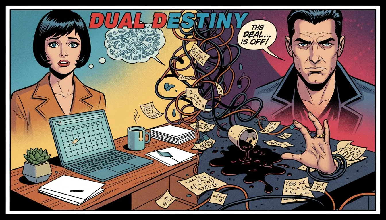 A split image representing different MBTI types under stress at work, showing a calm desk descending into chaos to symbolize an inferior function grip. File: mbti-types-under-stress-at-work-bestie-ai.webp