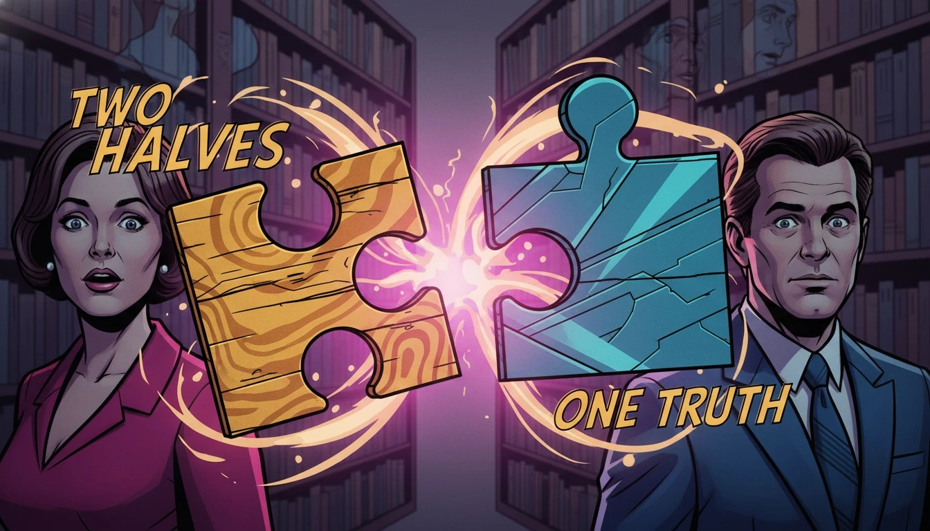 Two different puzzle pieces, one wood and one metal, connect to illustrate the concept of mbti unconventional pairings success in relationships. Filename: mbti-unconventional-pairings-success-bestie-ai.webp