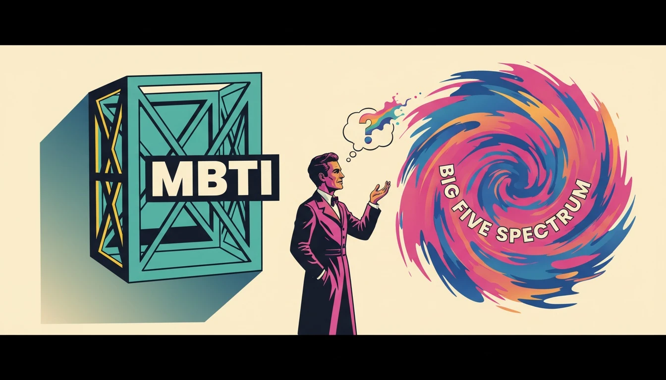 A thoughtful person weighing a rigid geometric box against a fluid color spectrum, representing the discussion on MBTI test accuracy and its alternatives. filename: mbti-test-accuracy-bestie-ai.webp