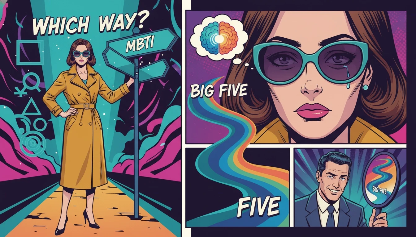 A visual representation of the MBTI vs Big Five for self improvement debate, showing a person choosing a path to better decision making. filename: mbti-vs-big-five-for-self-improvement-bestie-ai.webp