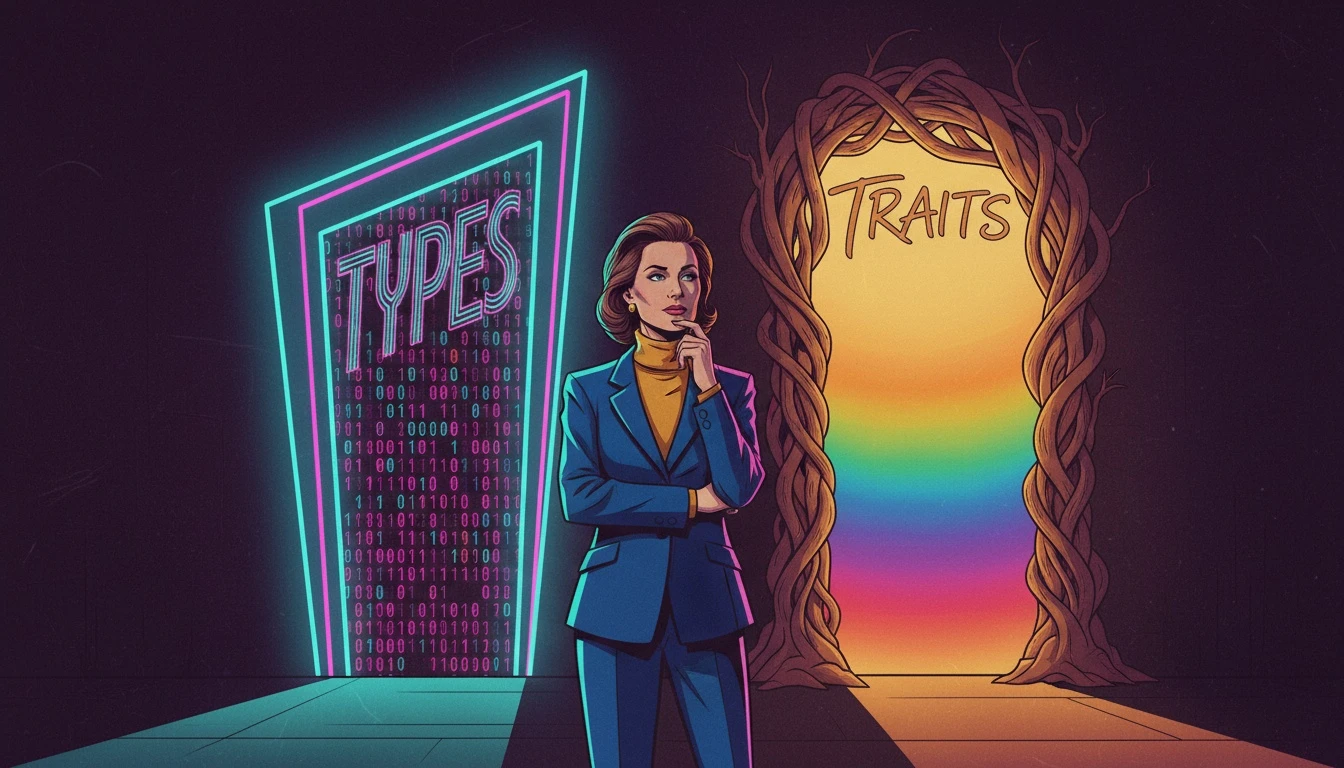 A person considers two paths in the MBTI vs Big Five personality traits debate: one representing rigid types and the other a fluid spectrum of traits. Filename: mbti-vs-big-five-personality-traits-bestie-ai.webp