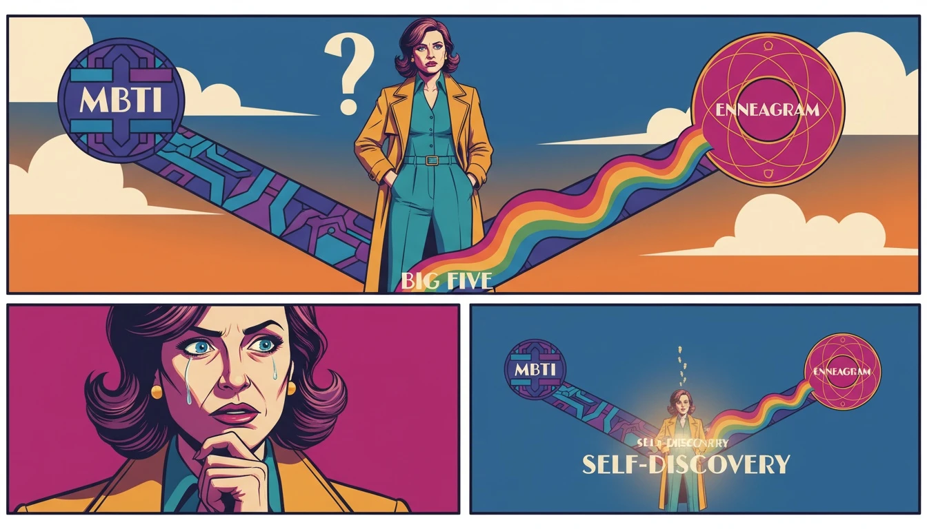 A visual representation of a person choosing between an MBTI test, the Big Five personality model, and the Enneagram for self-discovery. filename: mbti-test-bestie-ai.webp