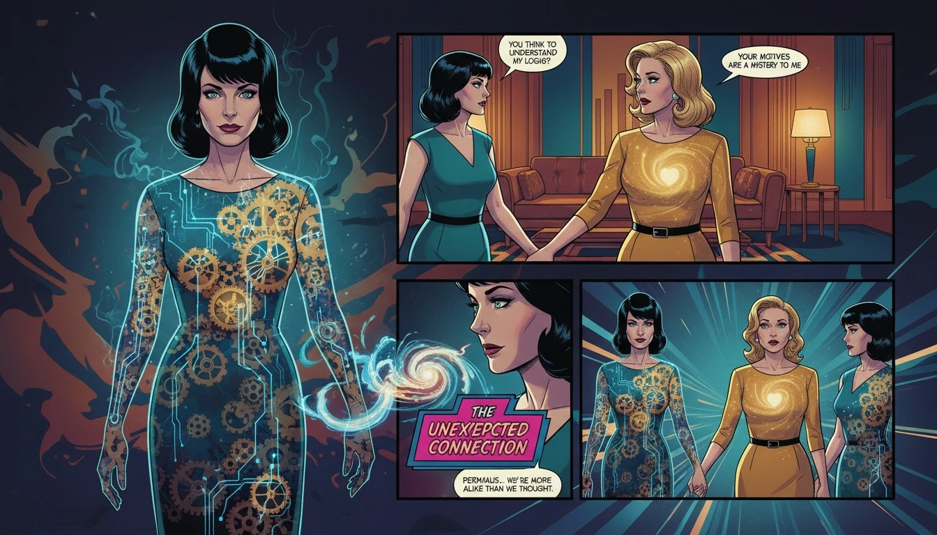 A symbolic image exploring mbti vs enneagram compatibility, showing two human figures made of gears and nebulas, representing how logic and motivation combine in relationships. mbti-vs-enneagram-compatibility-bestie-ai.webp