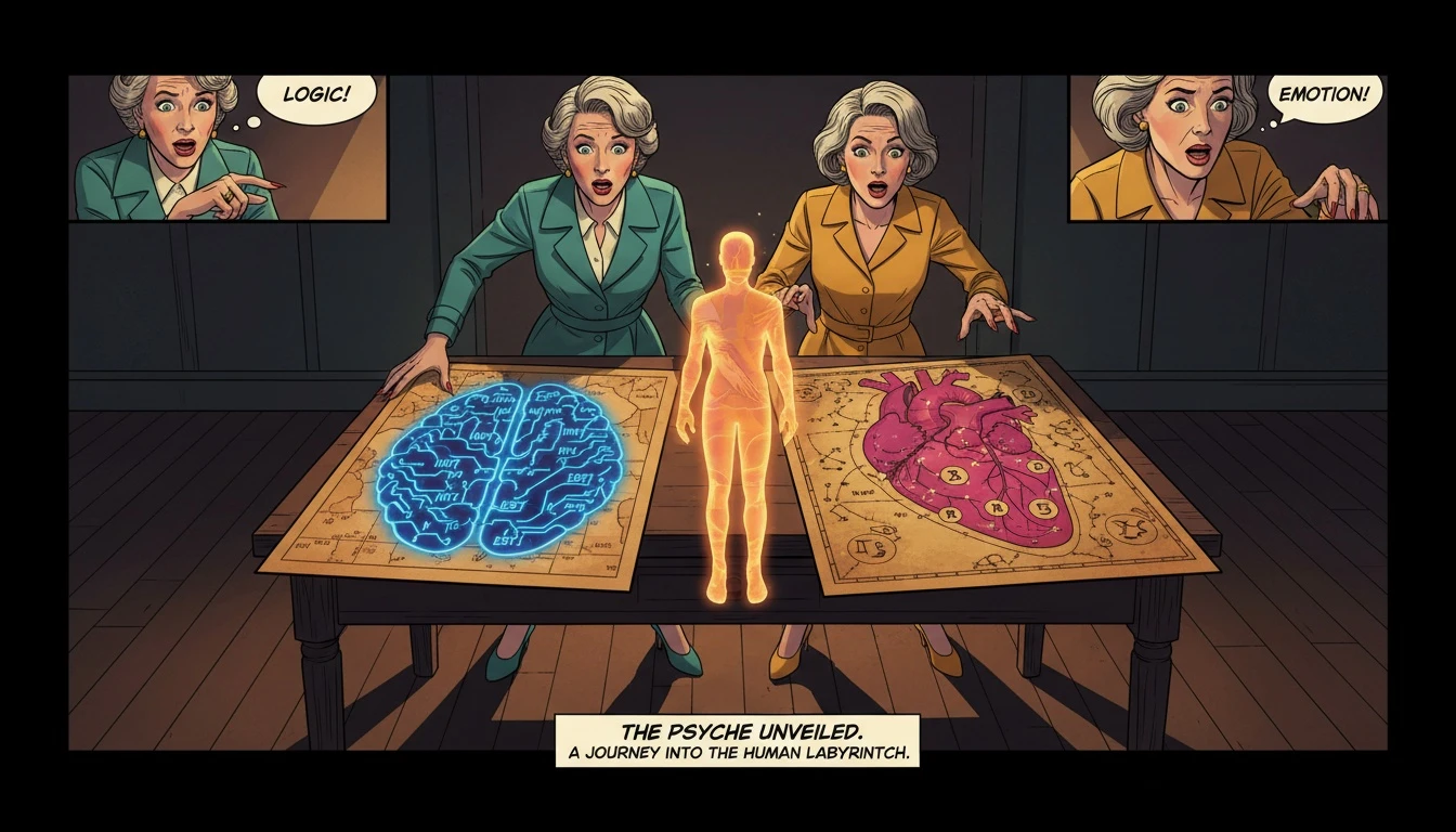 A symbolic image showing the difference in MBTI vs Enneagram compatibility, with one map representing the logical brain and the other the emotional heart, overlapping to create a complete picture. filename: mbti-vs-enneagram-compatibility-bestie-ai.webp