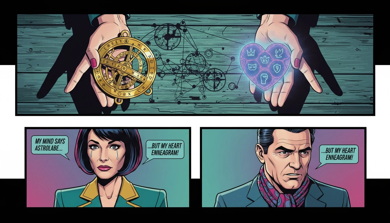 A visual representation of the mbti vs enneagram differences, with one hand holding a logical tool and the other a glowing heart, symbolizing cognitive function versus core motivation. Filename: mbti-vs-enneagram-differences-bestie-ai.webp