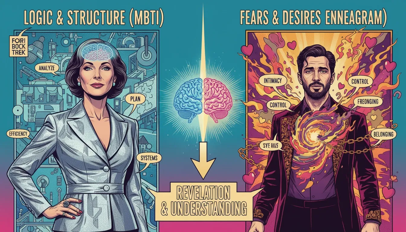 A symbolic image representing the integration of MBTI and Enneagram for Thinking personality types, with a logical brain schematic merging into an emotional nebula of core motivations. Filename: thinking-personality-types-mbti-enneagram-bestie-ai.webp
