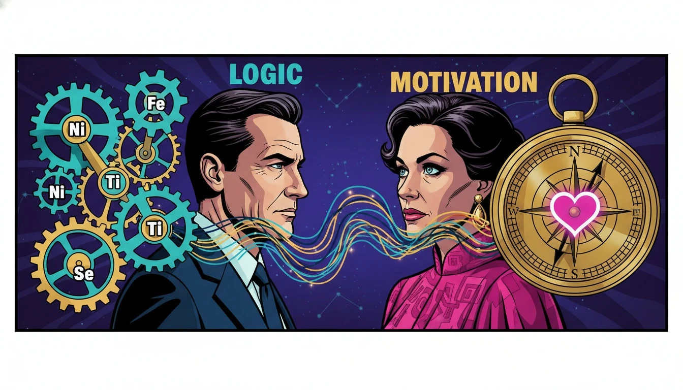 A symbolic image representing the MBTI vs Enneagram systems working together. A mechanical brain with cognitive functions is connected by light to a compass pointing towards a heart, illustrating how personality mechanics serve core motivations. mbti-vs-enneagram-guide.webp